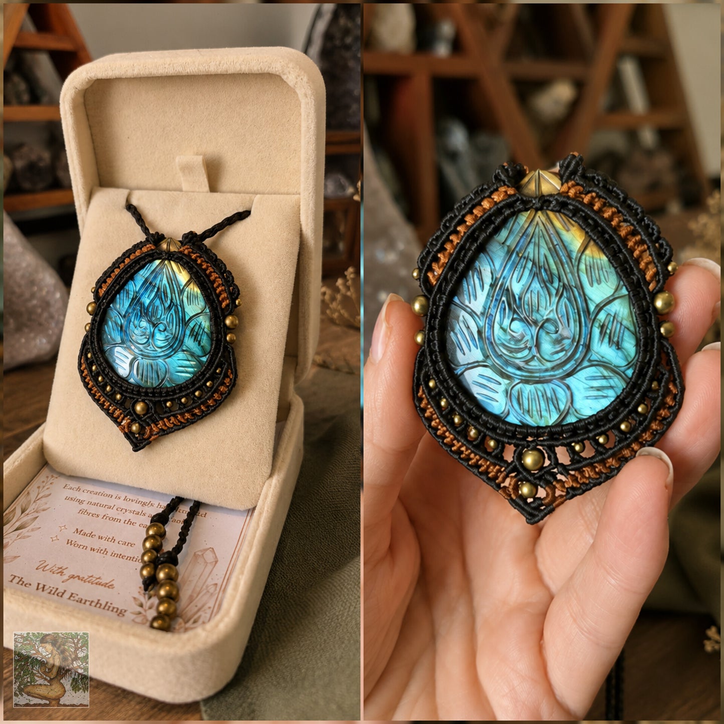 Blue Carved Labradorite Wrapped in Black & Burnt Amber