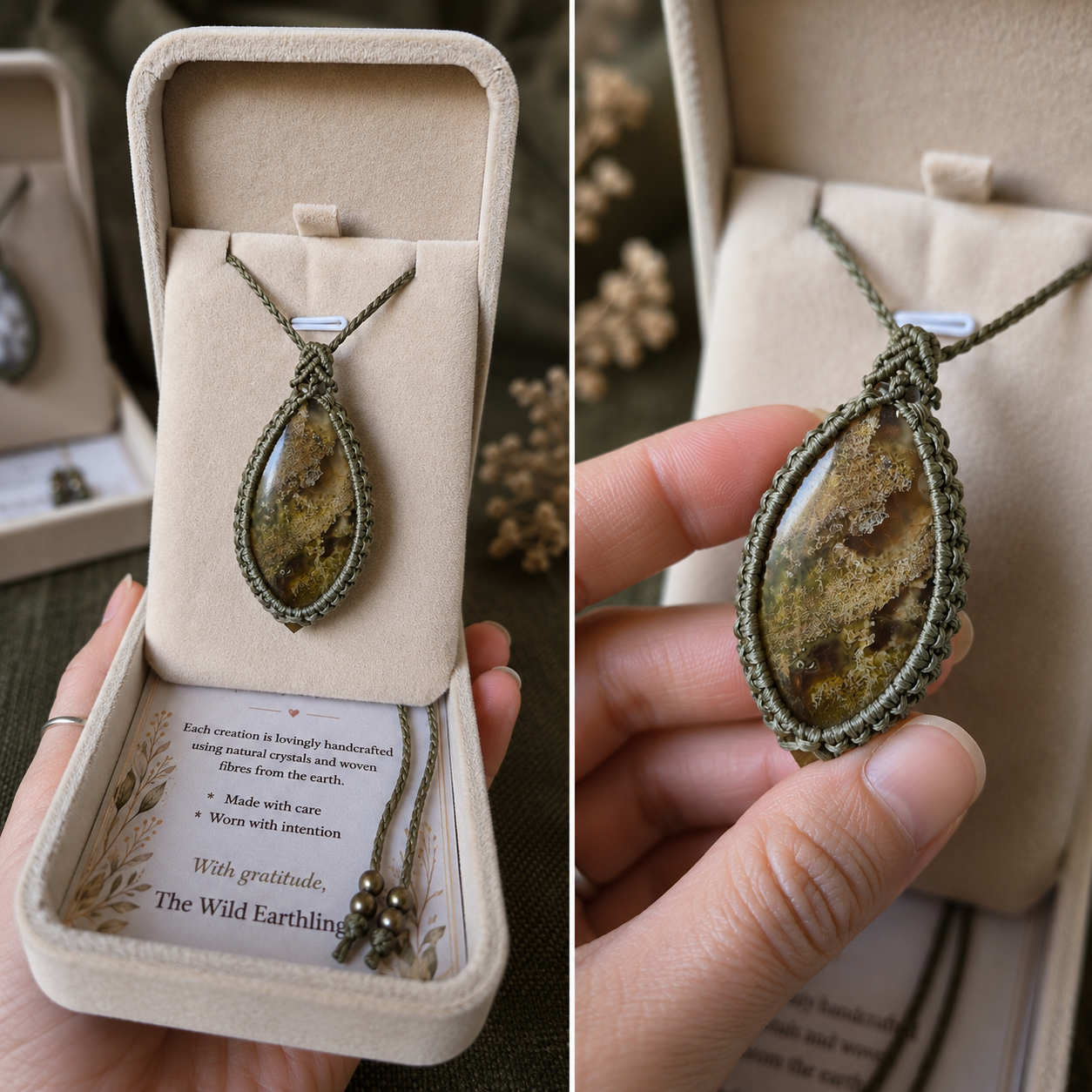 Deep Green Moss Agate Wrapped in Khaki Green