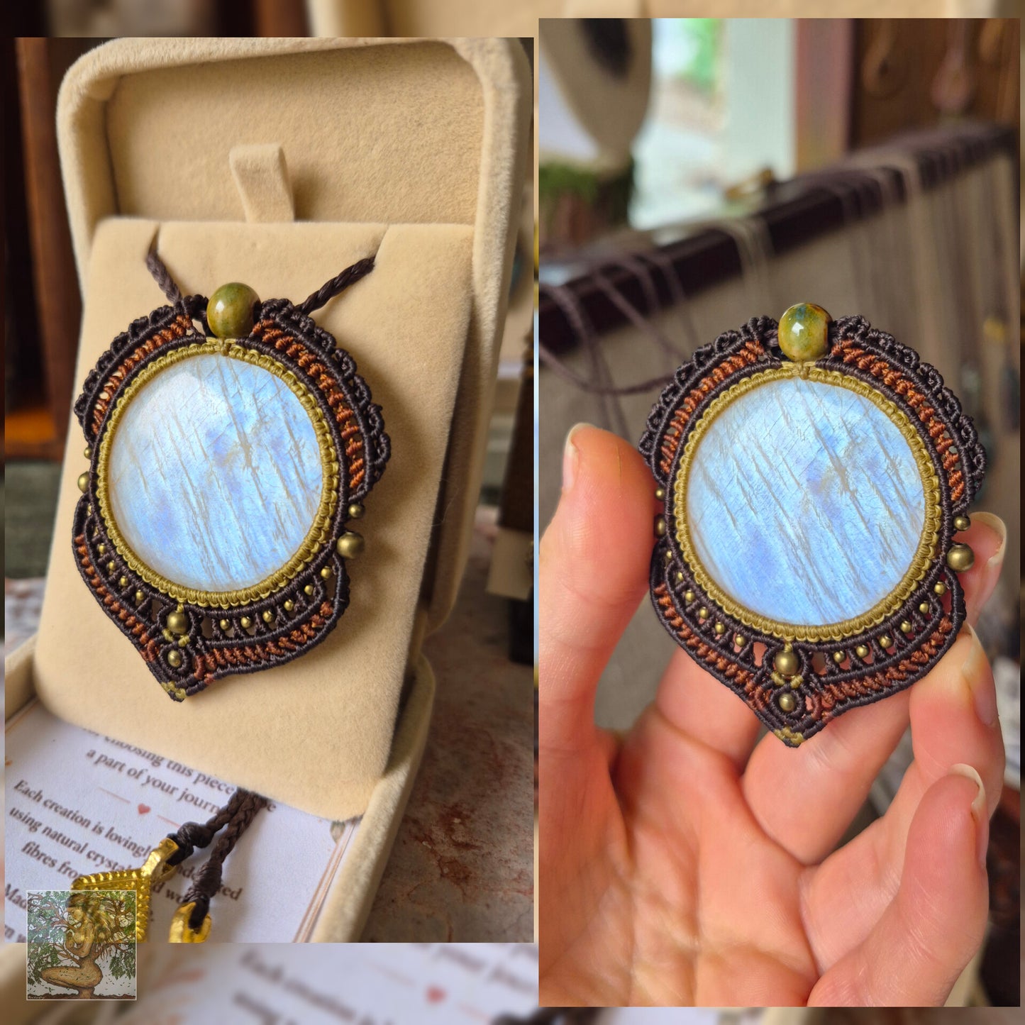 African Moonstone Wrapped in Dark Mocca, Olive Green & Burnt Amber