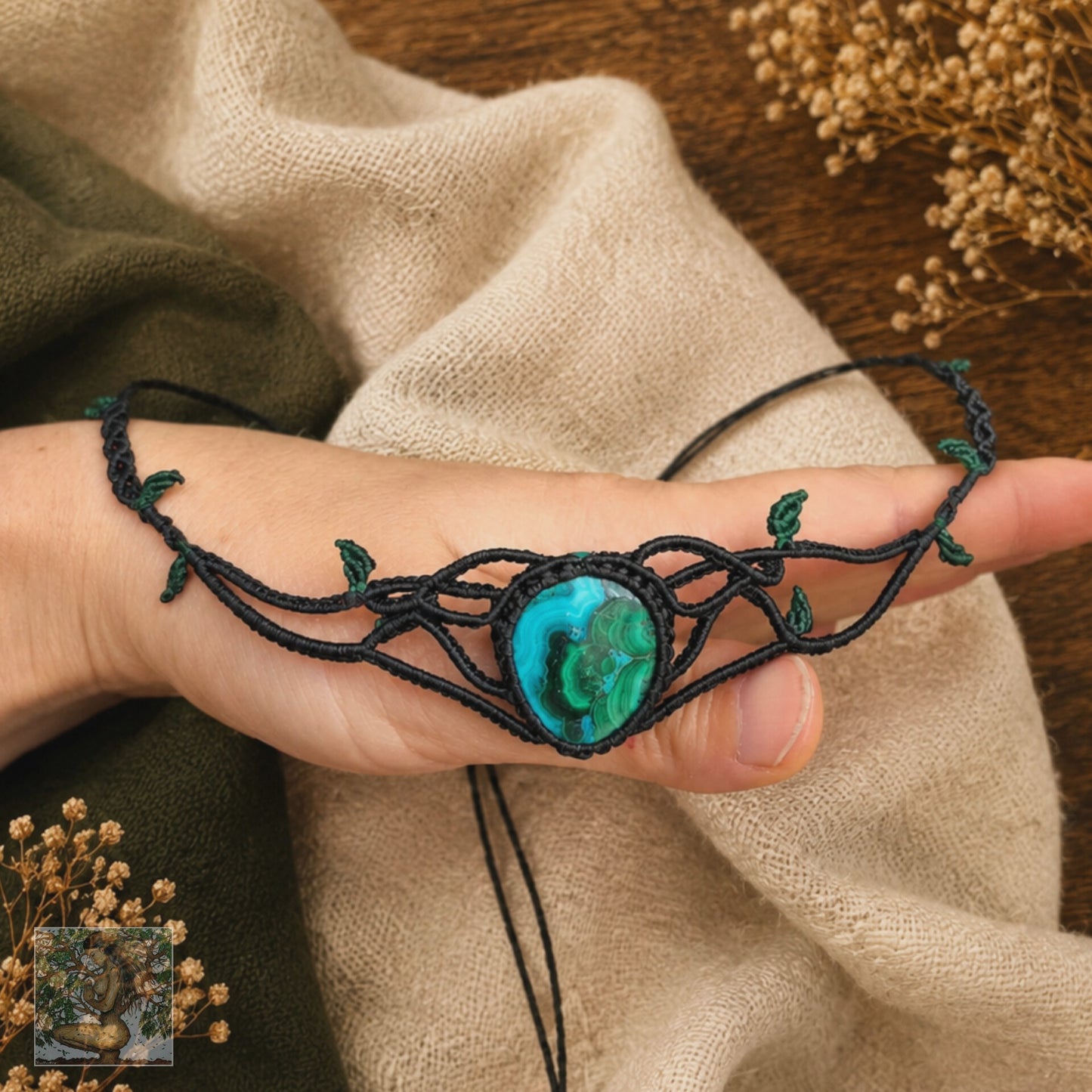 Crysocolla and Malachite Choker Wrapped in Black