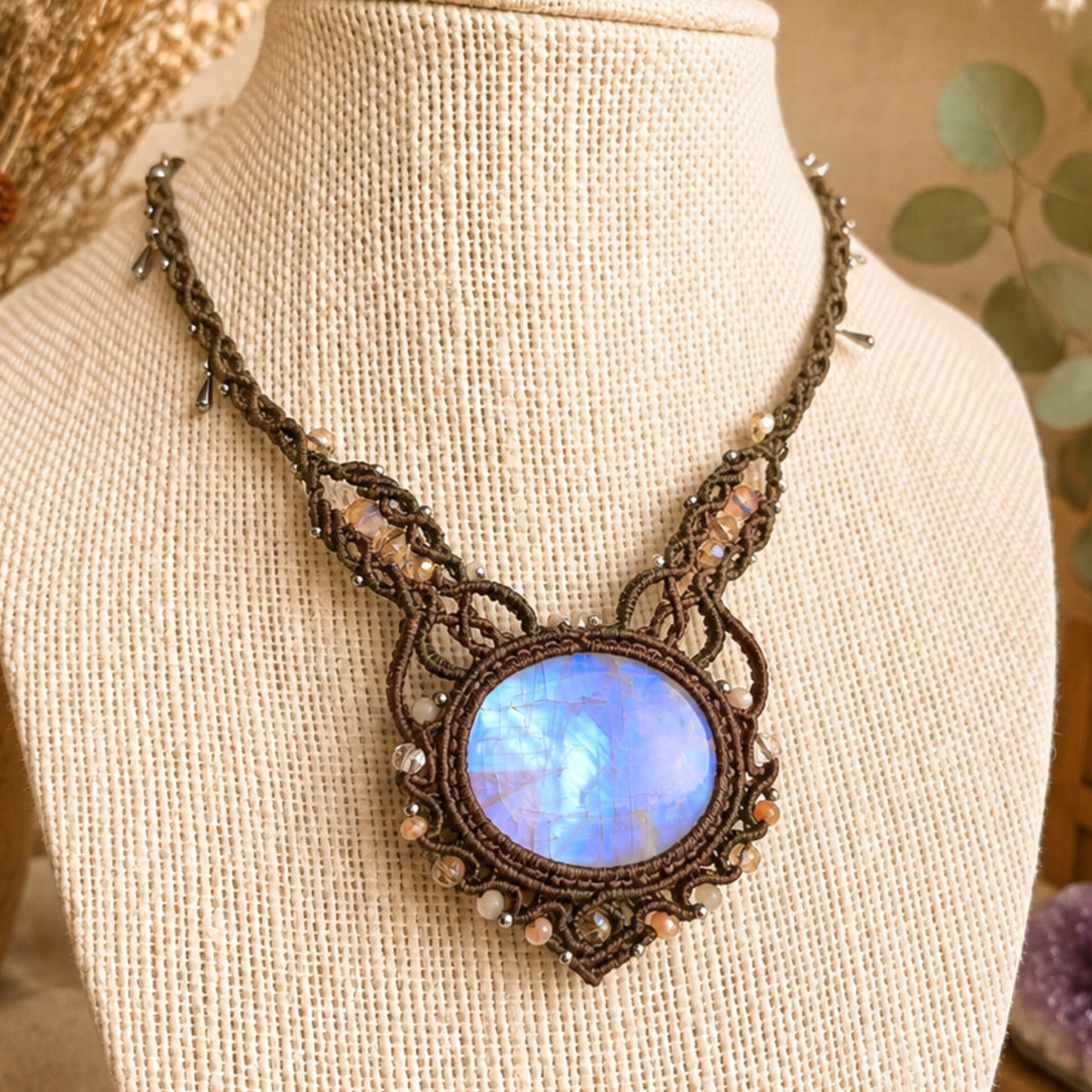 Rainbow Moonstone Choker Wrapped in Khaki Green & Flaxseed