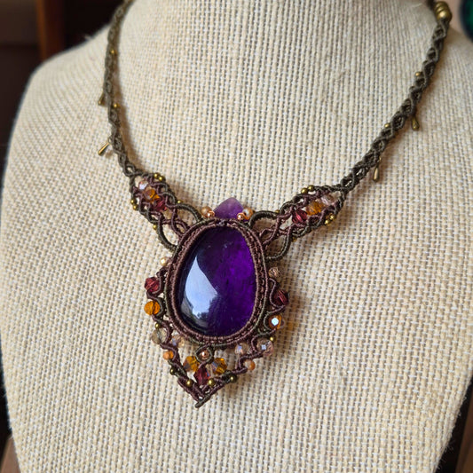 Amethyst Choker Wrapped in Khaki Green amd Flaxsed with Beaded Trim