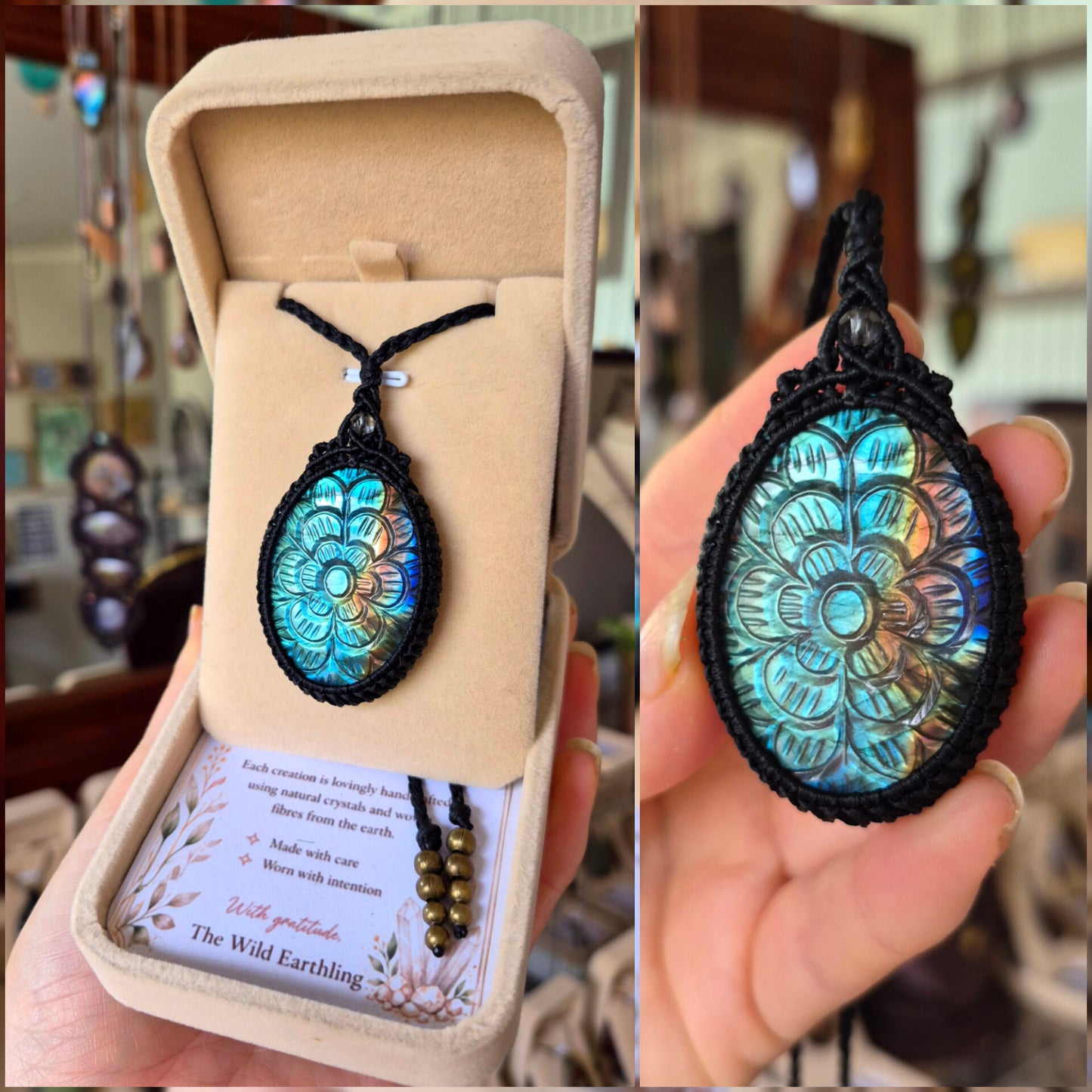 Carved Labradorite Wrapped in Black