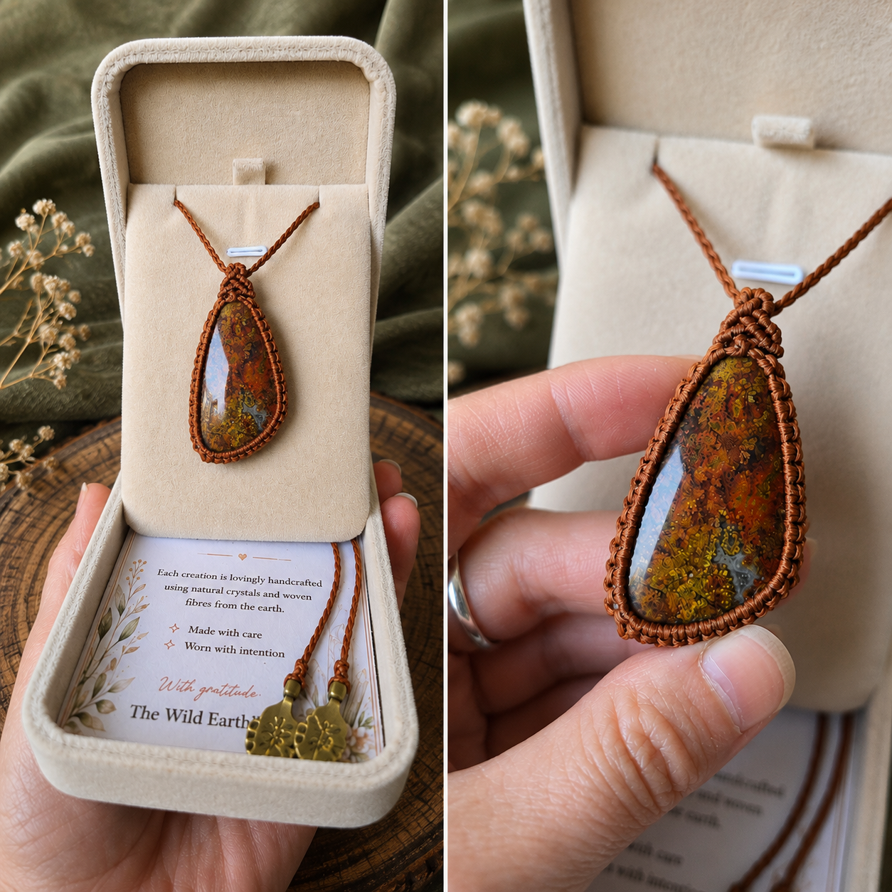 Red Moss Agate Wrapped in Burnt Amber