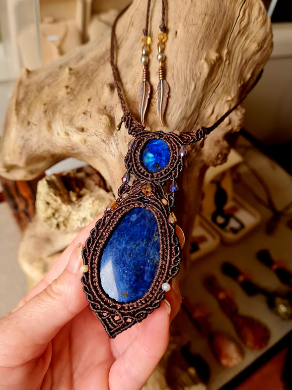 Blue Azurite and Labradorite Wrapped in Dark Mocca