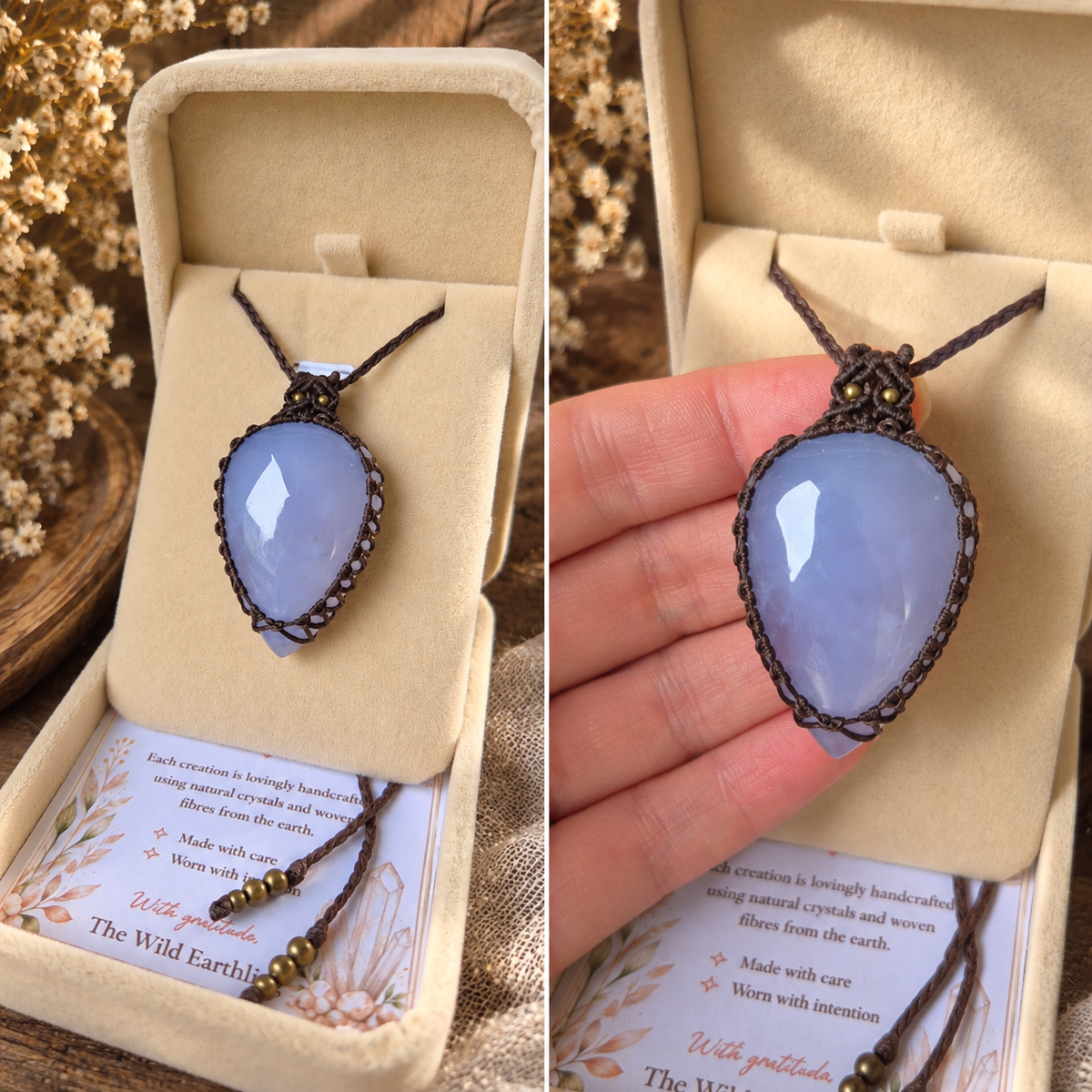 Blue Chalcedony Wrapped in Dark Mocca