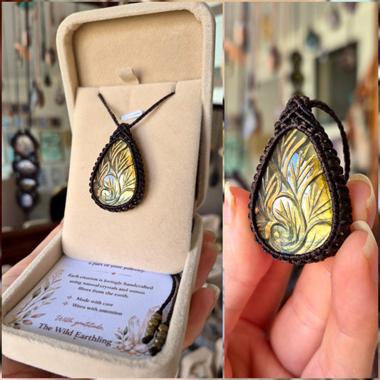 Carved Labradorite Wrapped in Dark Mocca