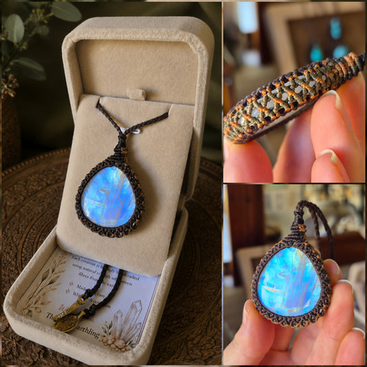 Rainbow Moonstone Wrapped in Dark Mocca, Burnt Amber & Khaki Green