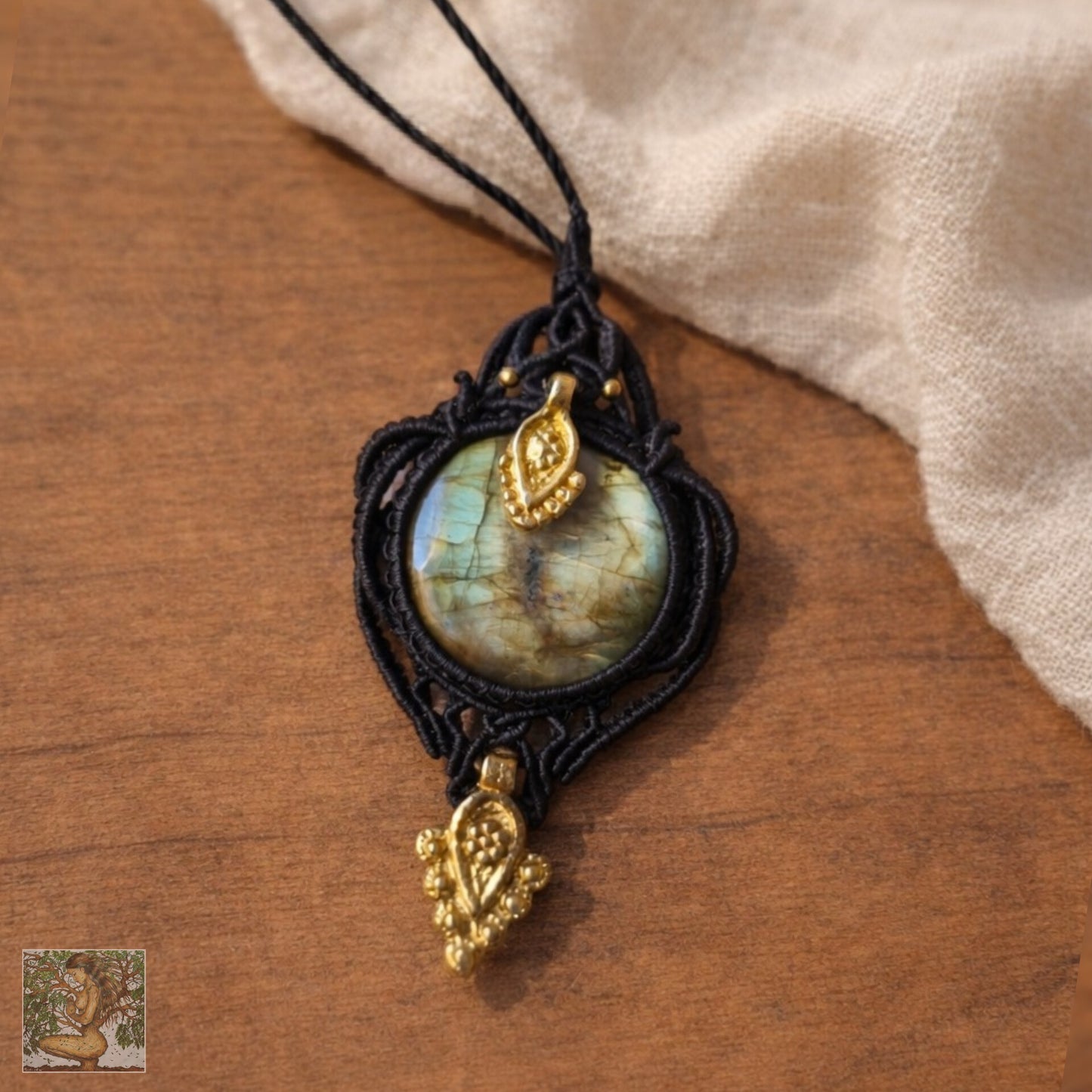 Green/Gold Labradorite Wrapped in Black