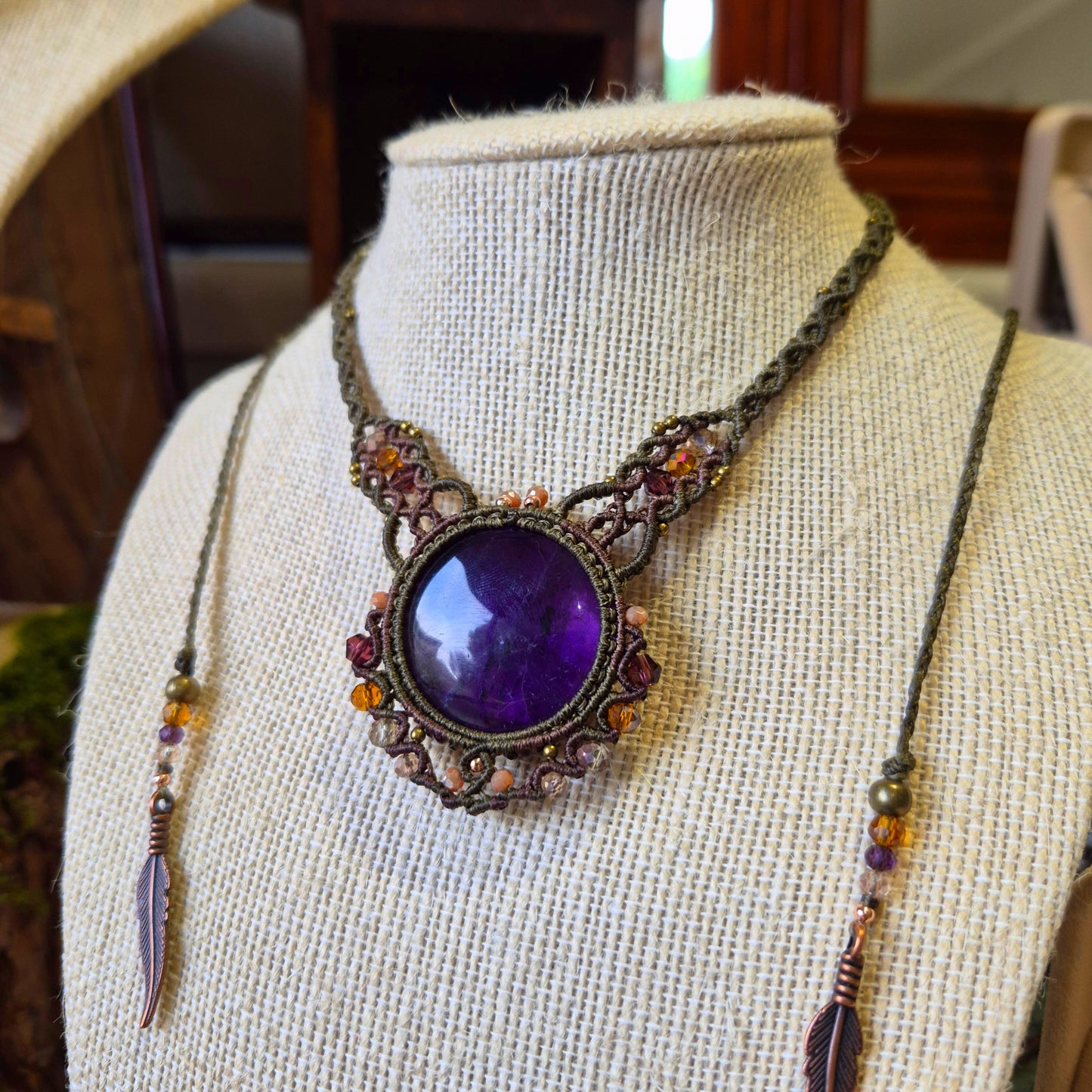 Amethyst Choker Wrapped in Khaki Green amd Flaxsed with Beaded Trim