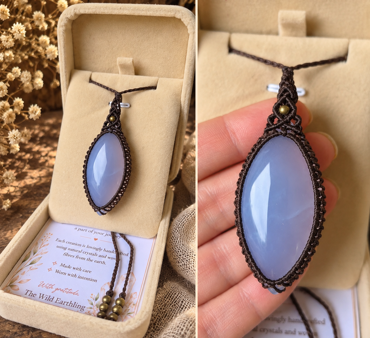 Blue Chalcedony Wrapped in Dark Mocca