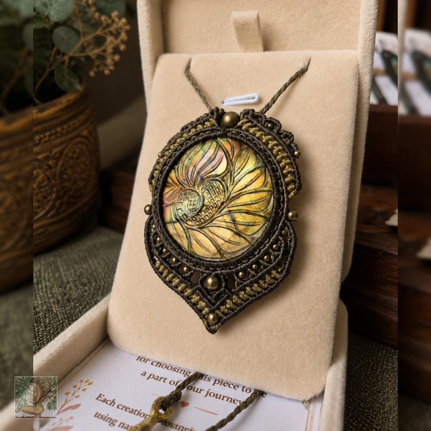 Golden Carved Labradorite Wrapped in Khaki Green & Olive