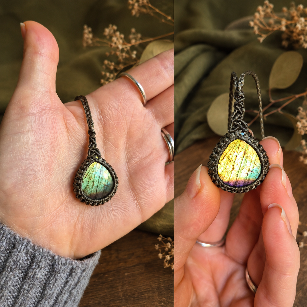Green Labradorite Wrapped in Khaki Green