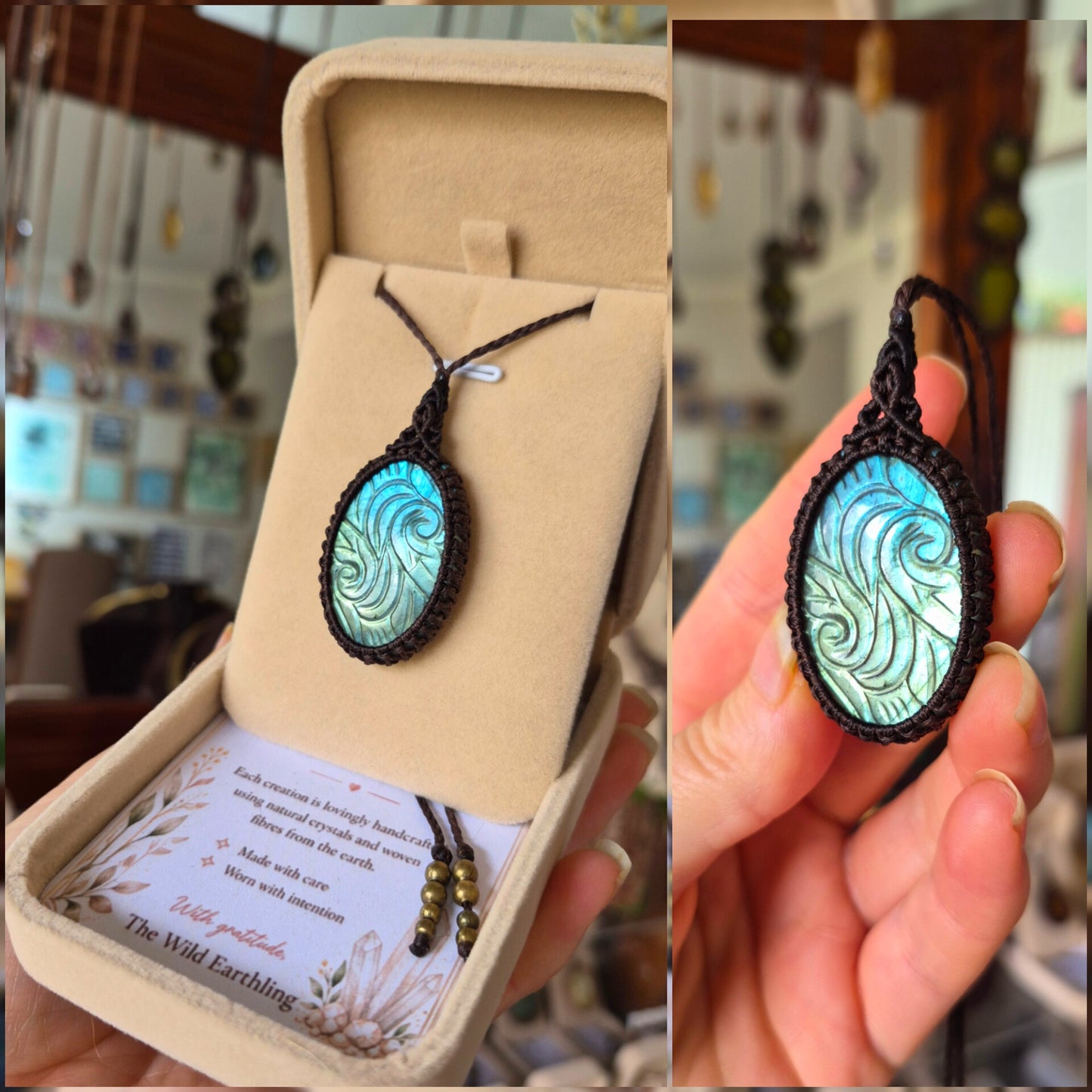 Carved Labradorite Wrapped in Dark Mocca