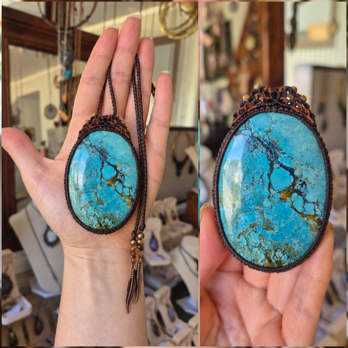 Blue Magnasite Wrapped in Dark Mocca & Burnt Amber