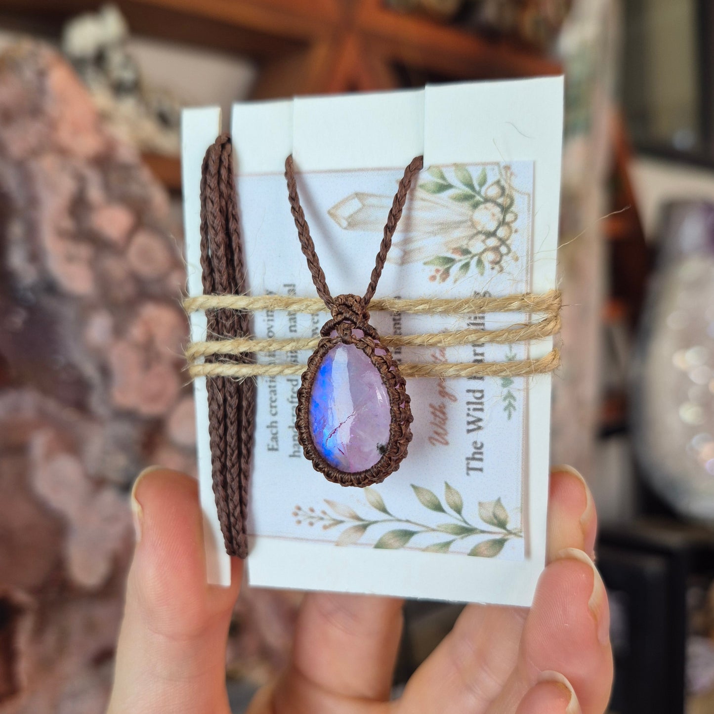 Pink Moonstone Wrapped in Chestnut