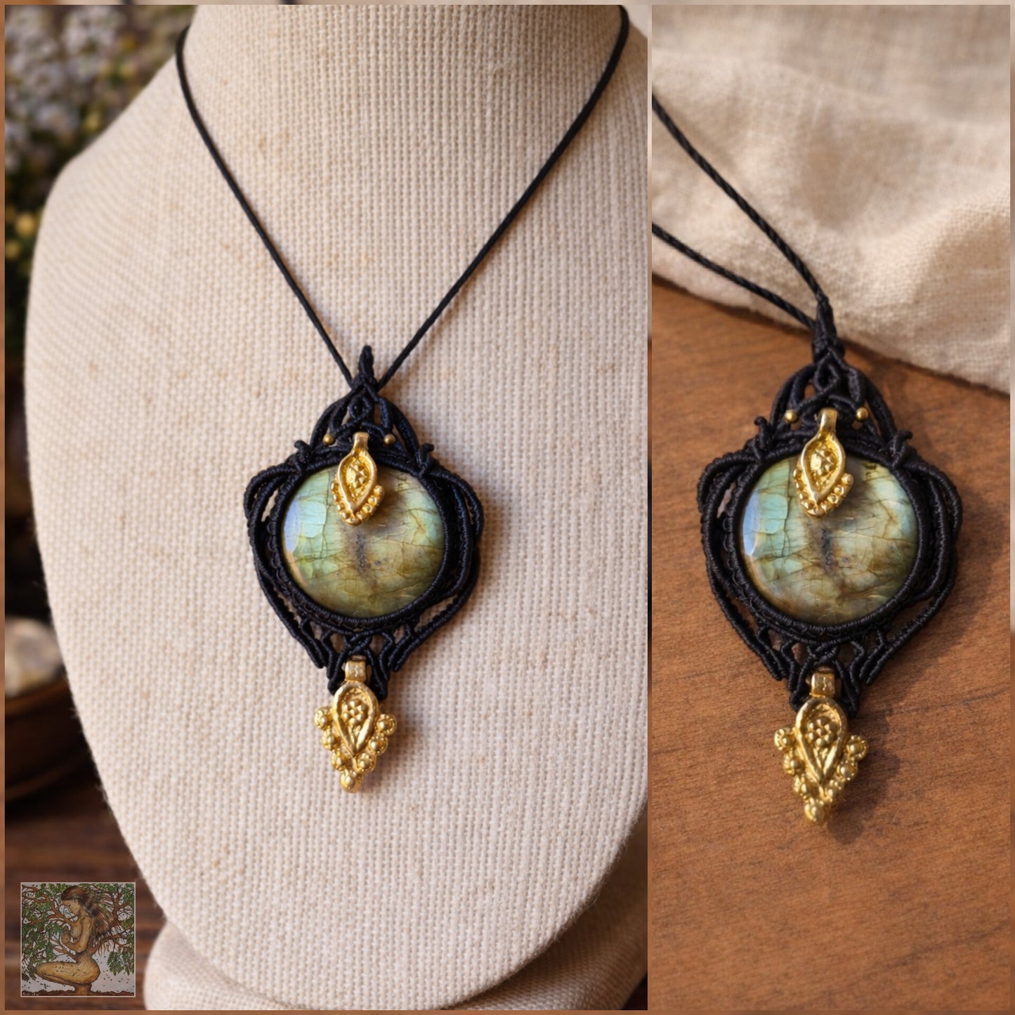 Green/Gold Labradorite Wrapped in Black