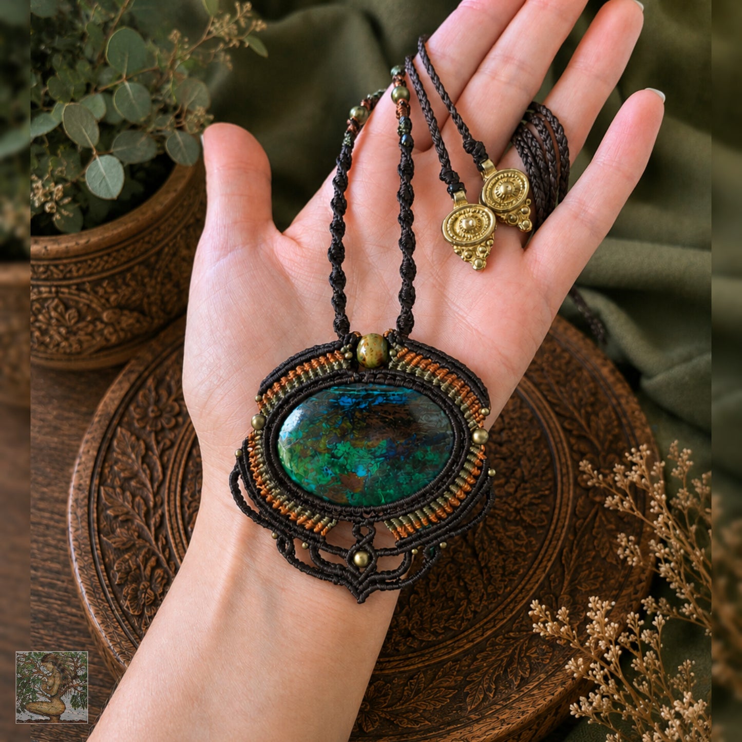 Crysocolla in Shattuckite Wrapped in Dark Mocca, Burnt Orange & Khaki Green
