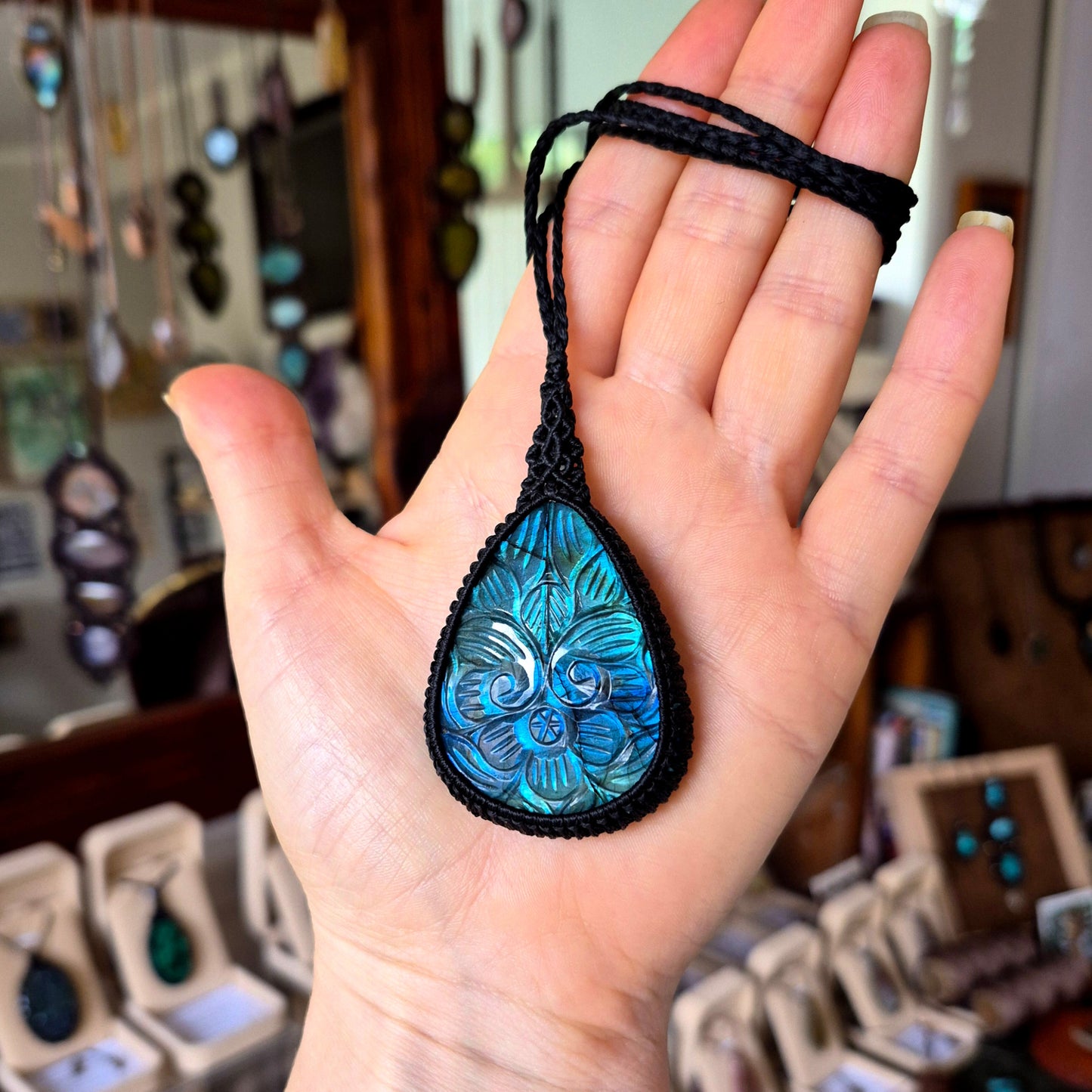 Carved Labradorite Wrapped in Black