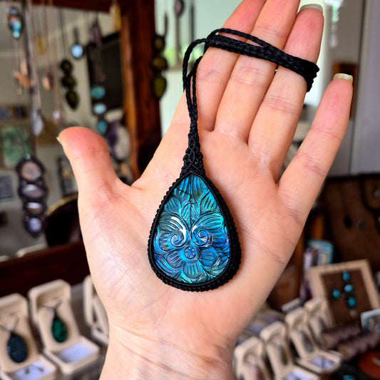 Carved Labradorite Wrapped in Black