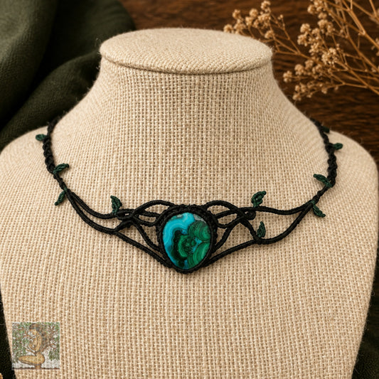 Crysocolla and Malachite Choker Wrapped in Black