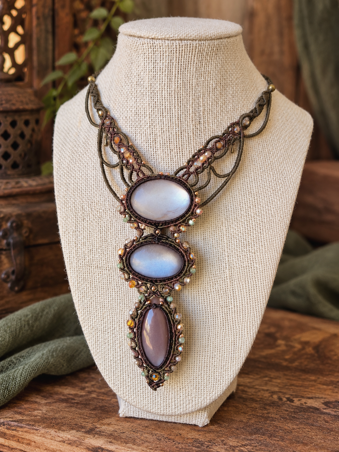 Silver Moonstone Trio Wrapped in Khaki & Flaxseed