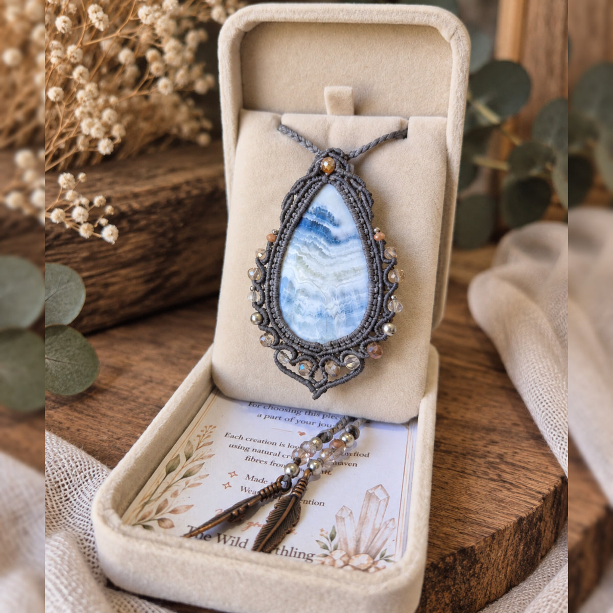 Blue Scheelite Neclaces Wrapped in Silver with Beaded Trims
