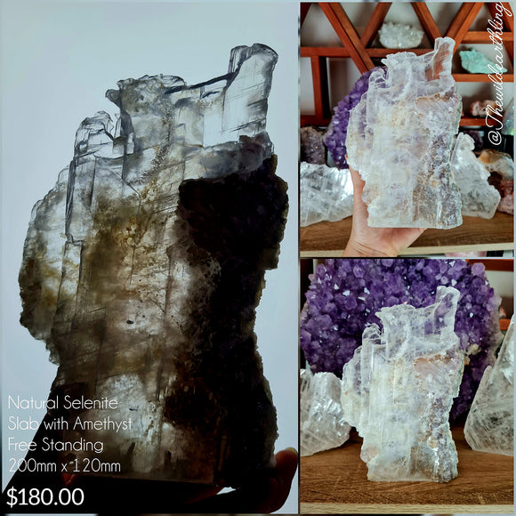 Natural Free Standing Selenite Slab with Amethyst Growth