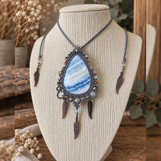 Blue Scheelite Neclaces Wrapped in Silver with Beaded Trims