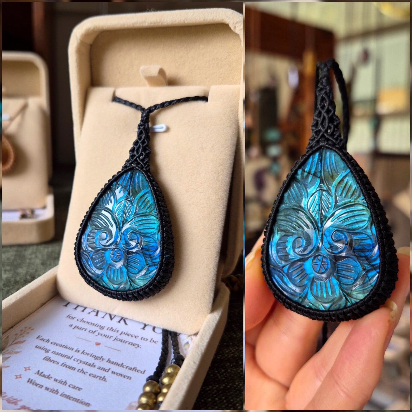 Carved Labradorite Wrapped in Black