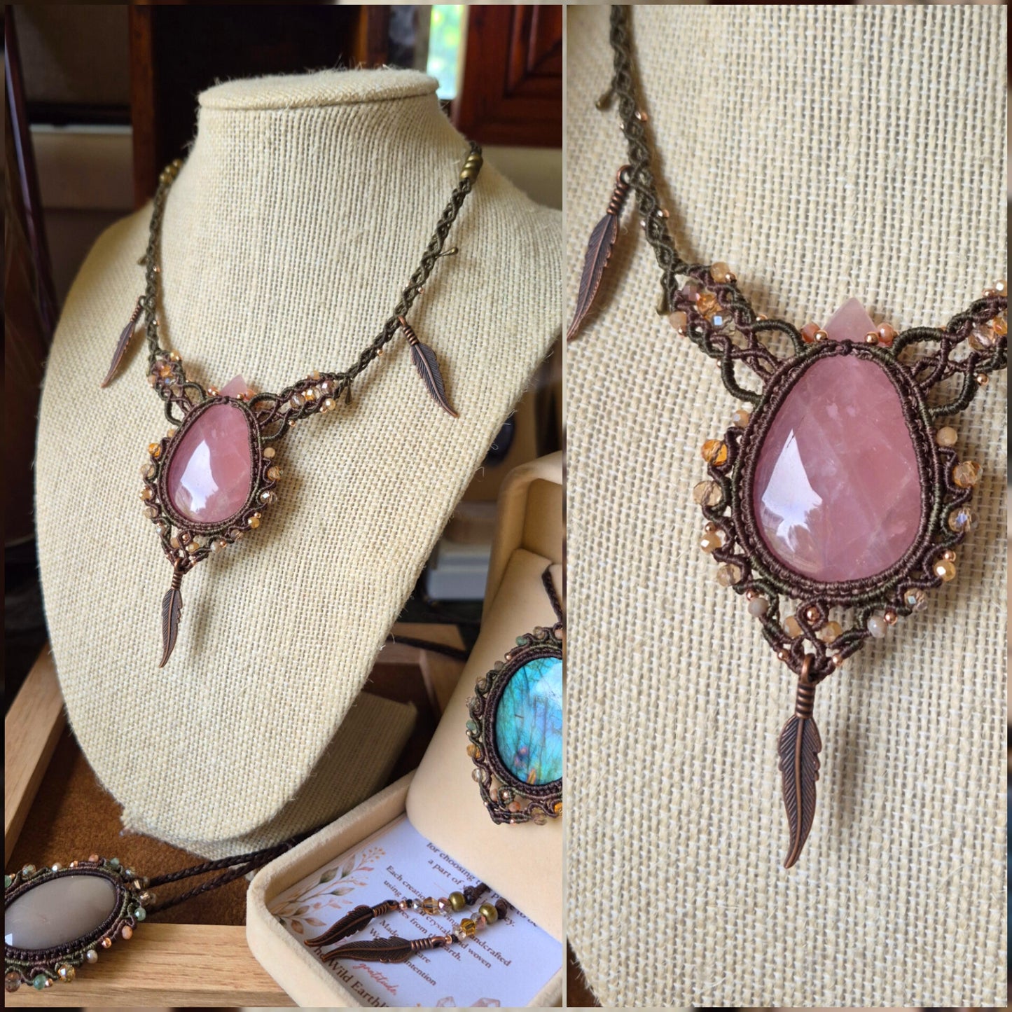Rose Quartz Choker Wrapped in Flaxseed & Khaki Green