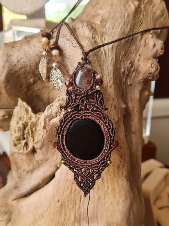 Black Obsidian & Garden Quartz Wrapped in Dark Mocca