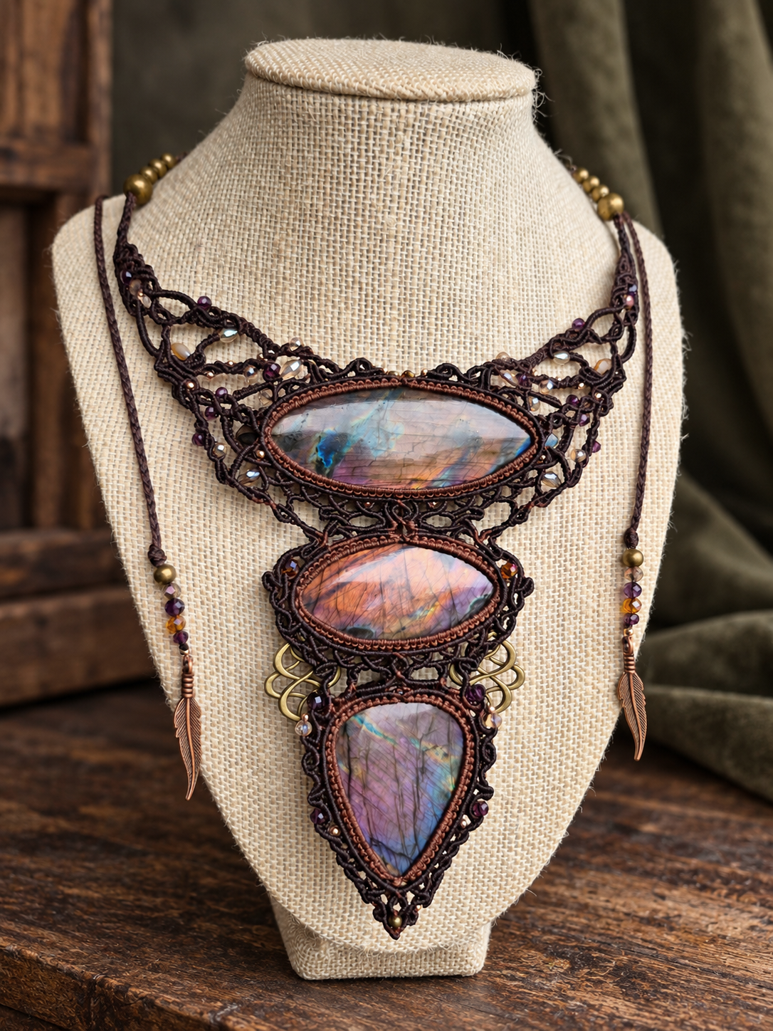 Rainbow Labradorite Wrapped in Chestnut & Dark Mocca