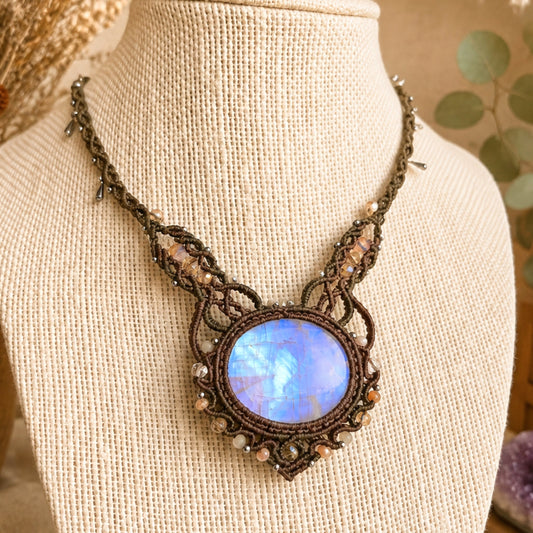Rainbow Moonstone Choker Wrapped in Khaki Green & Flaxseed