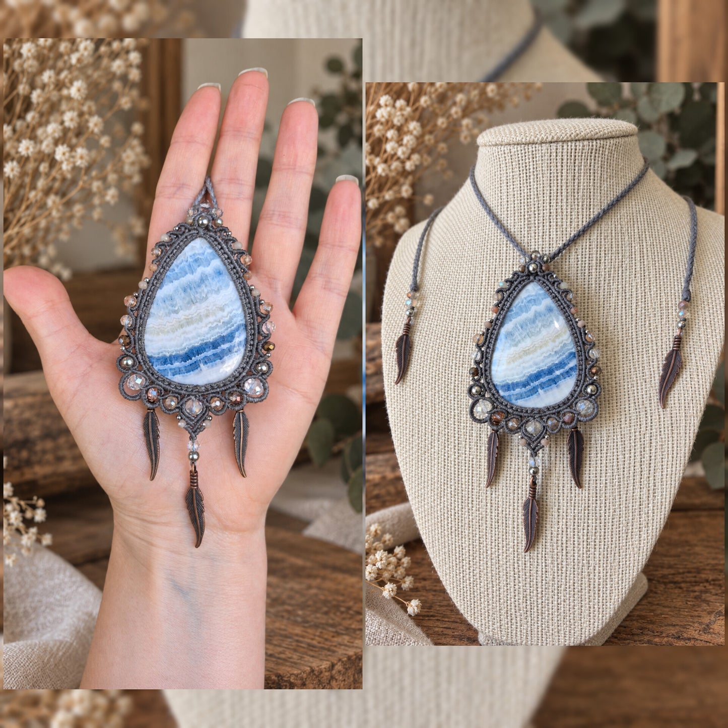 Blue Scheelite Neclaces Wrapped in Silver with Beaded Trims
