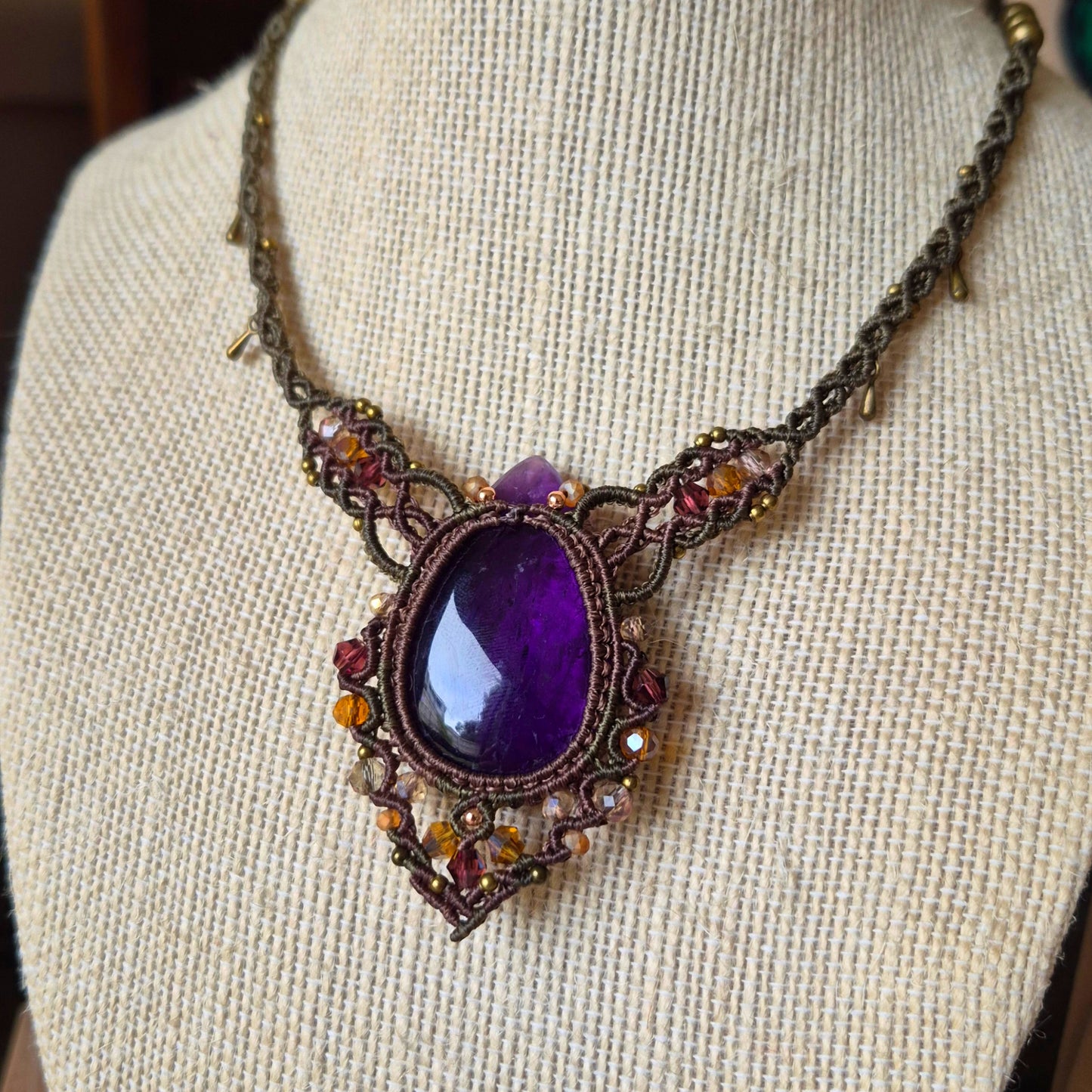 Amethyst Choker Wrapped in Khaki Green amd Flaxsed with Beaded Trim