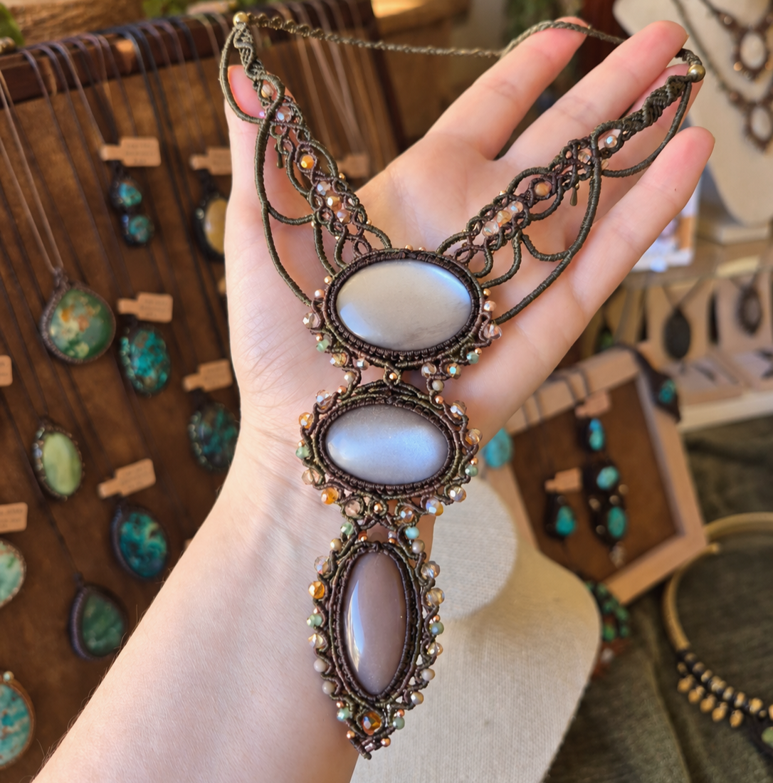 Silver Moonstone Trio Wrapped in Khaki & Flaxseed