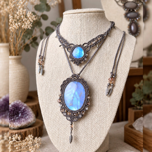 Rainbow Moonstone Choker + Pendant Wrapped in Silver Grey