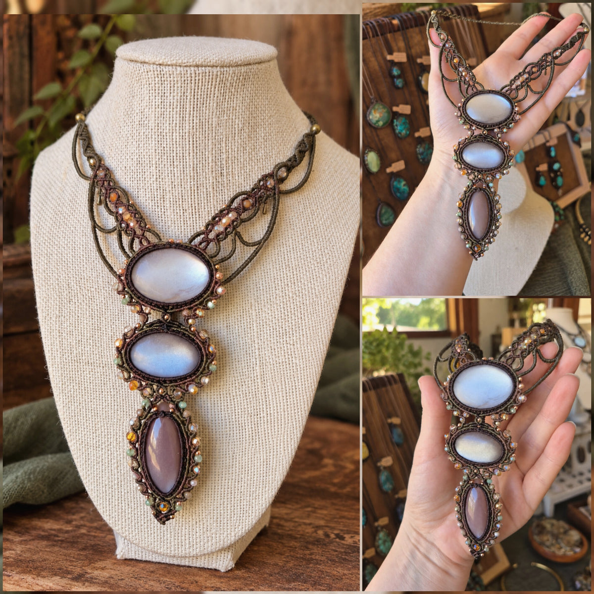 Silver Moonstone Trio Wrapped in Khaki & Flaxseed