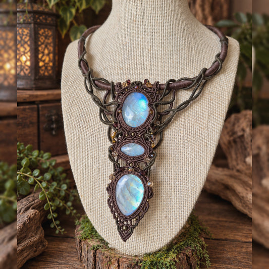Rainbow Moonstone Choker Wrapped in Khaki & Flaxseed