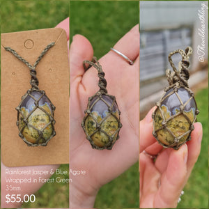 Rainforest Jasper & Blue Agate Wrapped in Forest Green