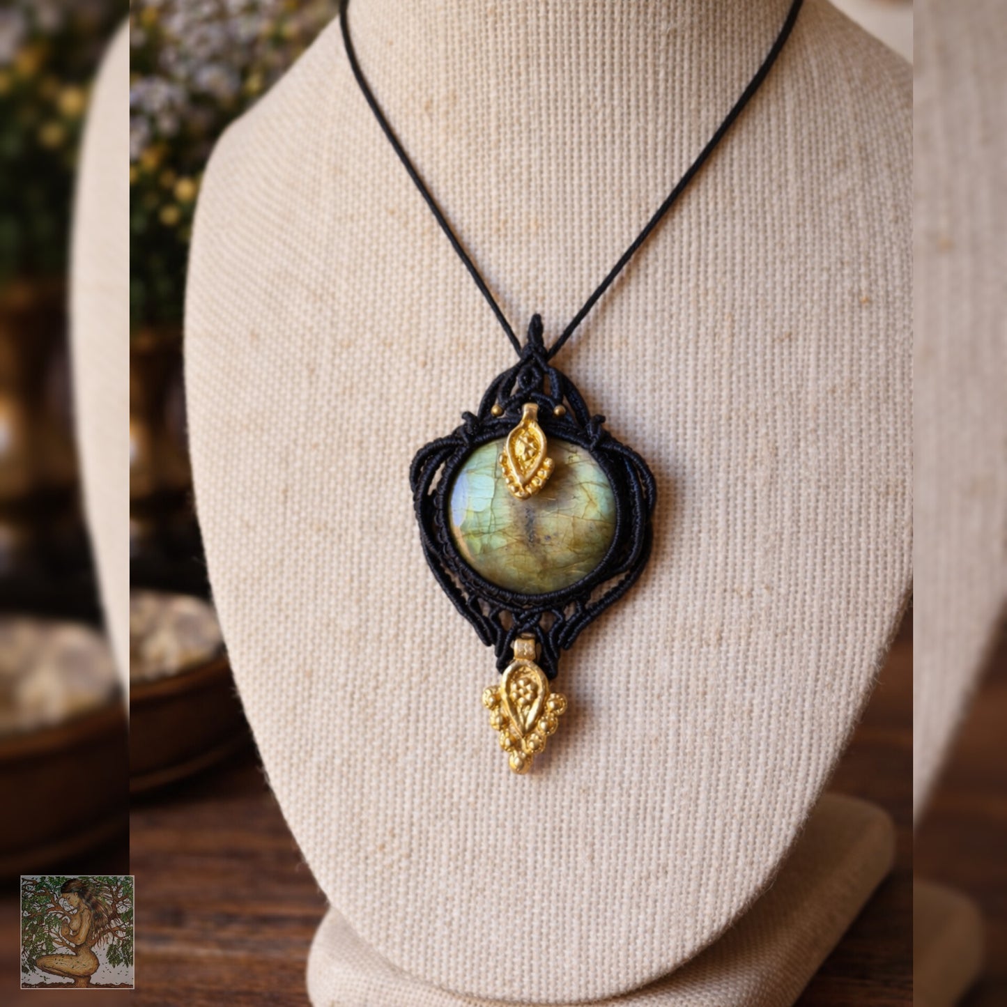 Green/Gold Labradorite Wrapped in Black