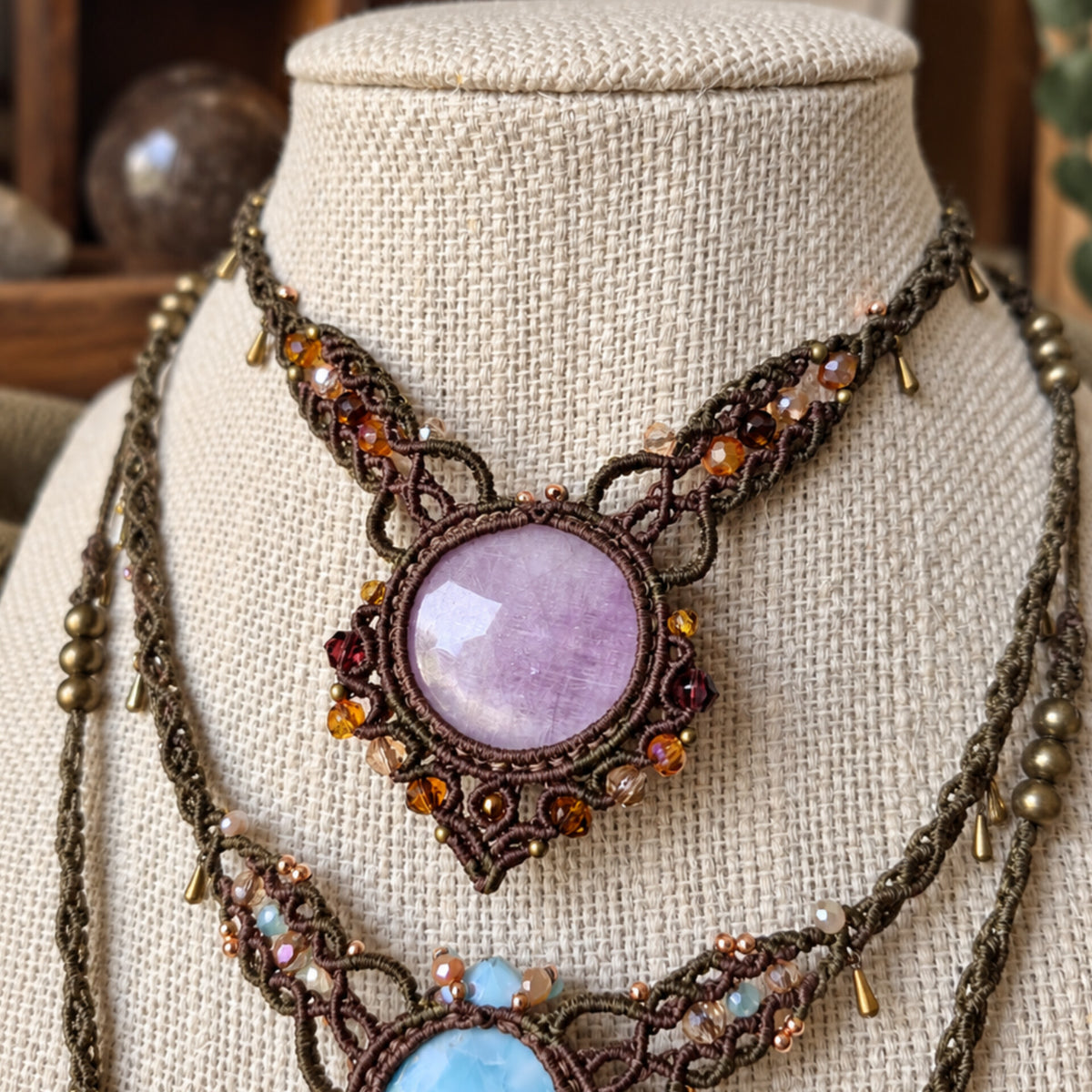 Pink Kunzite Choker Wrapped in Khaki & Flaxseed