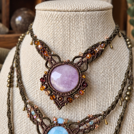 Pink Kunzite Choker Wrapped in Khaki & Flaxseed