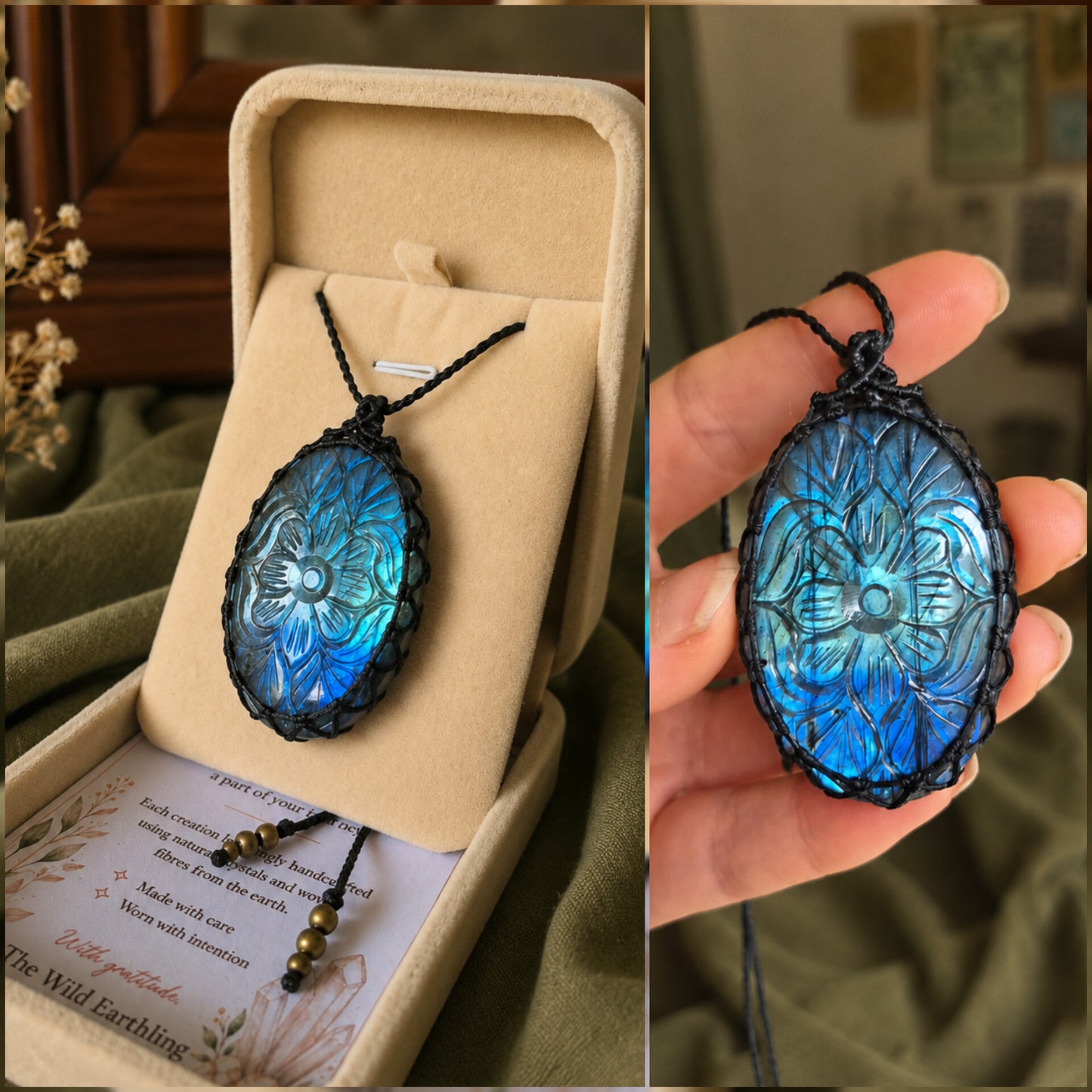 Carved Labradorite Wrapped in Black
