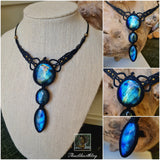 Blue Labradorite Trio Wrapped in Black Choker Style