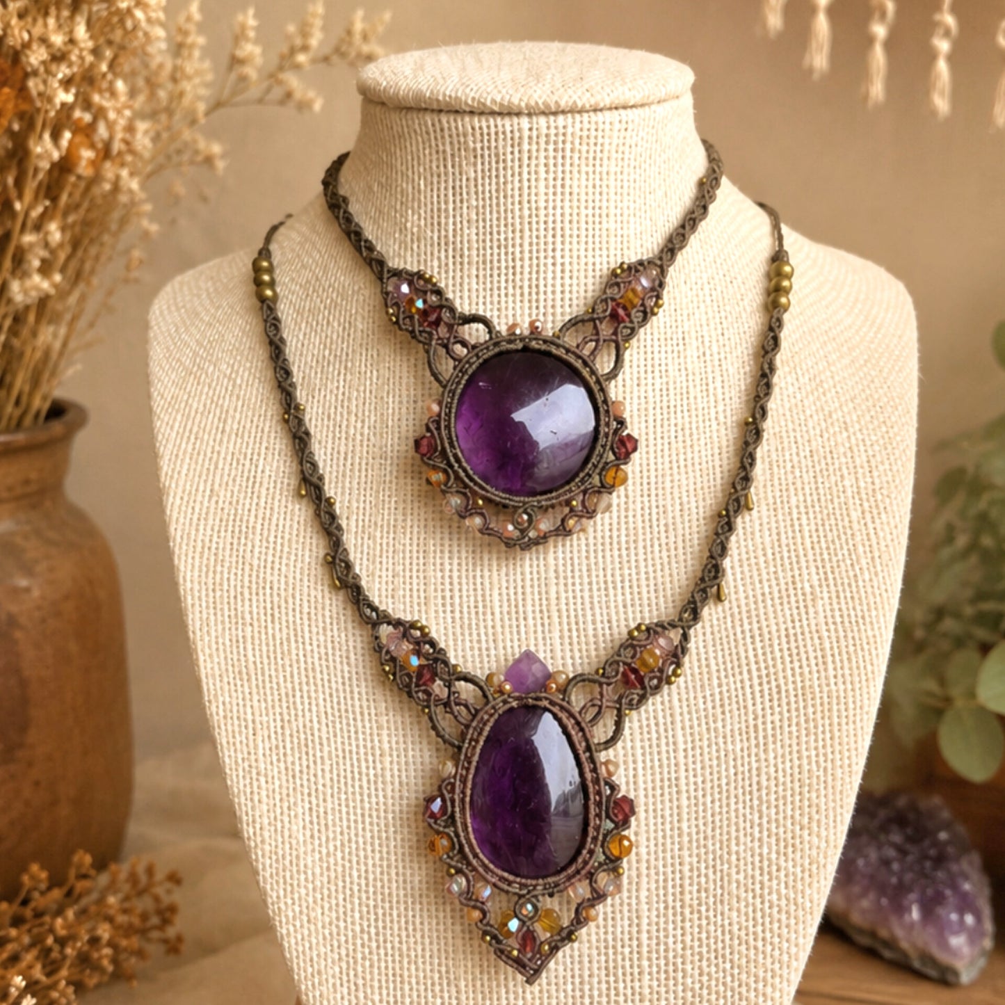Amethyst Choker Wrapped in Khaki Green amd Flaxsed with Beaded Trim