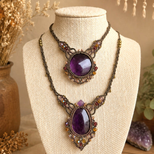Amethyst Choker Wrapped in Khaki Green amd Flaxsed with Beaded Trim