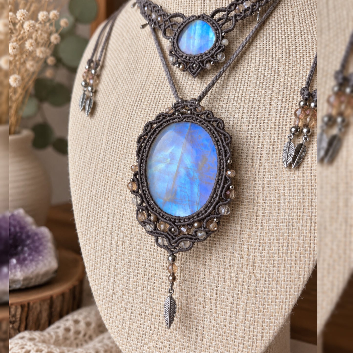 Rainbow Moonstone Choker + Pendant Wrapped in Silver Grey