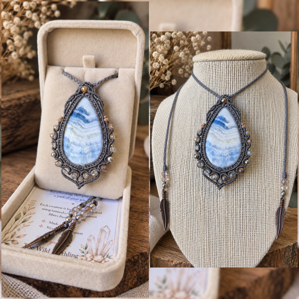 Blue Scheelite Neclaces Wrapped in Silver with Beaded Trims